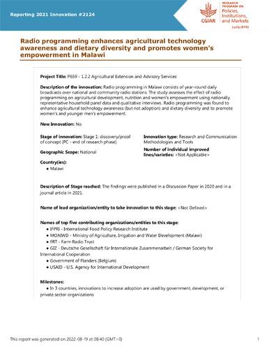 Radio programming enhances agricultural technology awareness and dietary diversity and promotes women's empowerment in Malawi