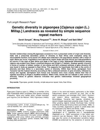 Genetic diversity in pigeonpea [Cajanus cajan (L.) Millsp.] Landraces as revealed by simple sequence repeat markers