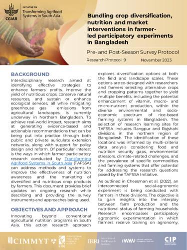 Bundling crop diversification, nutrition and market interventions in farmer-led participatory experiments in Bangladesh: Pre- and post-season survey protocol