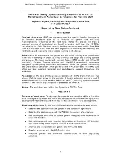 Report of the IPMS pilot testing capacity building workshop on gender and HIV/AIDS mainstreaming in agricultural development for frontline staff, Bure PLW, 6-9 October 2008