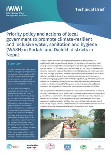Priority policy and actions of local government to promote climate-resilient and inclusive water, sanitation and hygiene (WASH) in Sarlahi and Dailekh districts in Nepal
