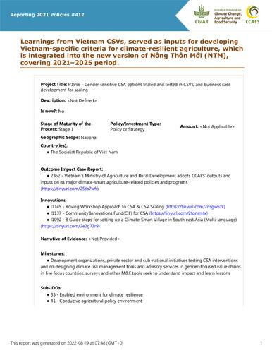 Learnings from Vietnam CSVs, served as inputs for developing Vietnam-specific criteria for climate-resilient agriculture, which is integrated into the new version of Nông Thôn Mới (NTM), covering 2021–2025 period.