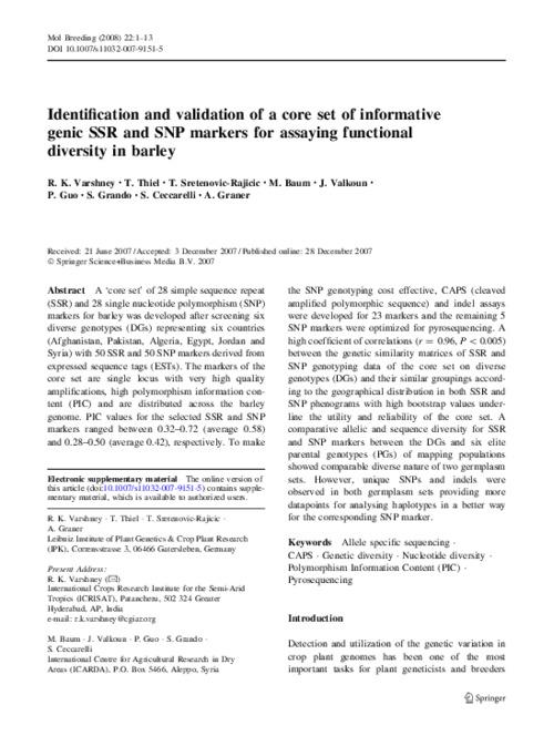 Identification and validation of a core set of informative genic SSR and SNP markers for assaying functional diversity in barley