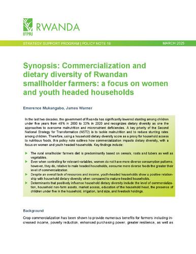 Synopsis: Commercialization and dietary diversity of Rwandan smallholder farmers: a focus on women and youth headed households