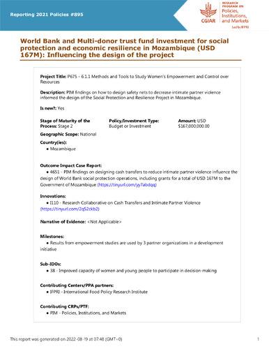 World Bank and Multi-donor trust fund investment for social protection and economic resilience in Mozambique (USD 167M): Influencing the design of the project