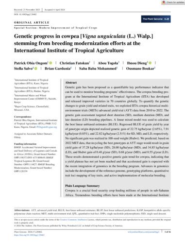 Genetic progress in cowpea [Vigna unguiculata (L.) Walp.] stemming from breeding modernization efforts at the International Institute of Tropical Agriculture