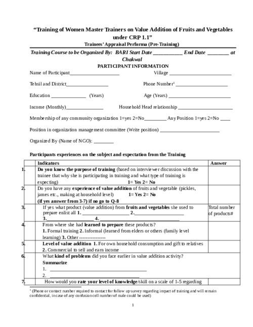 Questionnaire for participatory evaluation of 1 training on value addition developed