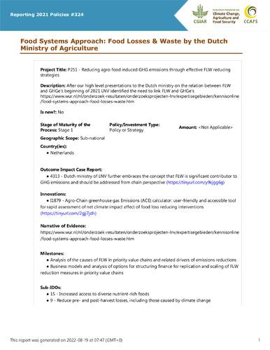 Food Systems Approach: Food Losses & Waste by the Dutch Ministry of Agriculture