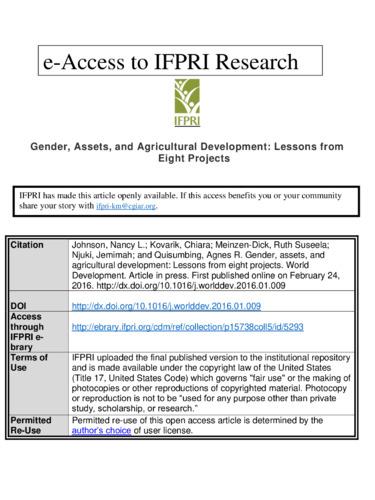 Gender, assets, and agricultural development: Lessons from eight projects