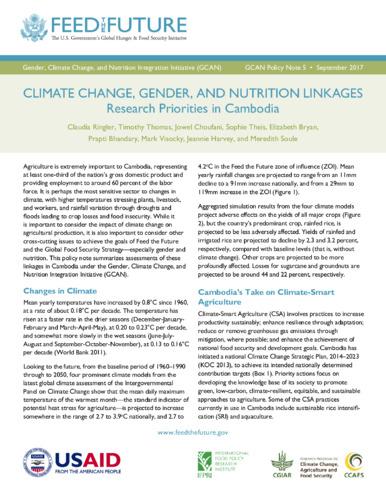 Climate change, gender, and nutrition linkages: Research priorities in Cambodia