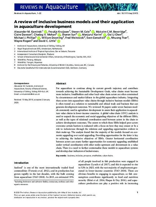 A review of inclusive business models and their application in aquaculture development