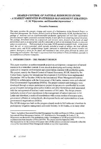 Shared Control of Natural Resources (SCOR): a market oriented watershed management strategy. Paper 73 of Session 10