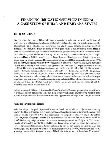 Financing irrigation services in India: A case study of Bihar and Haryana States