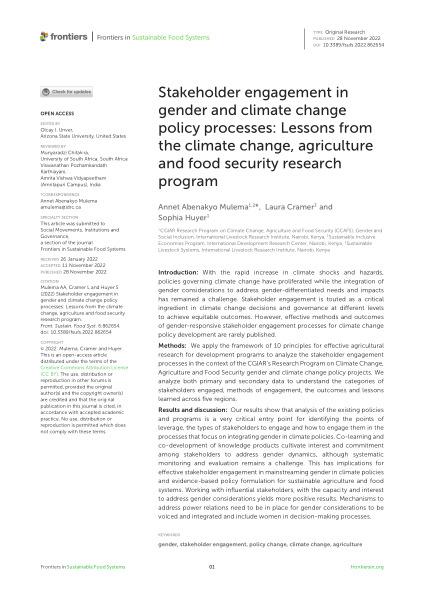 Stakeholder engagement in gender and climate change policy processes: Lessons from the climate change, agriculture and food security research program