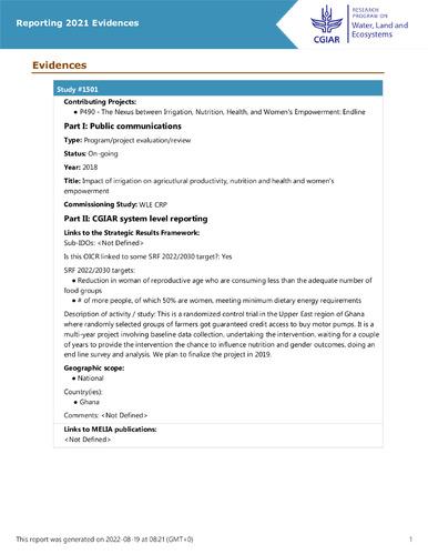 Impact of irrigation on agricutlural productivity, nutrition and health and women's empowerment