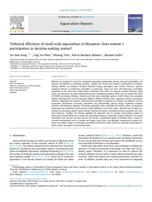Technical efficiency of small-scale aquaculture in Myanmar: Does women’s participation in decision-making matter?