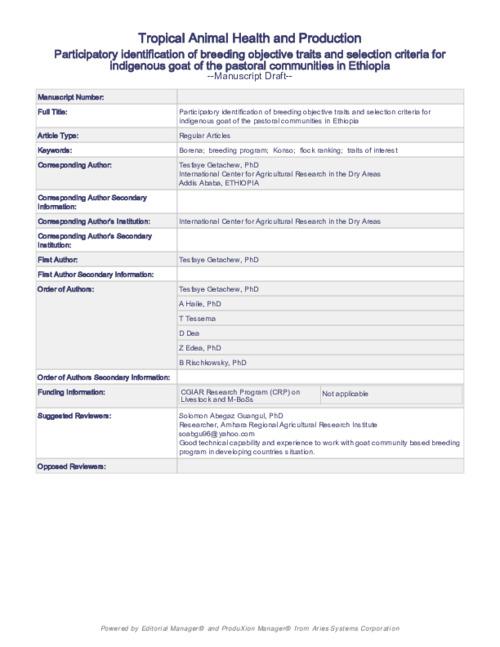 Participatory identification of breeding objective traits and selection criteria for indigenous goat of the pastoral communities in Ethiopia