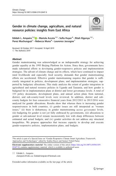 Gender in climate change, agriculture, and natural resource policies: insights from East Africa