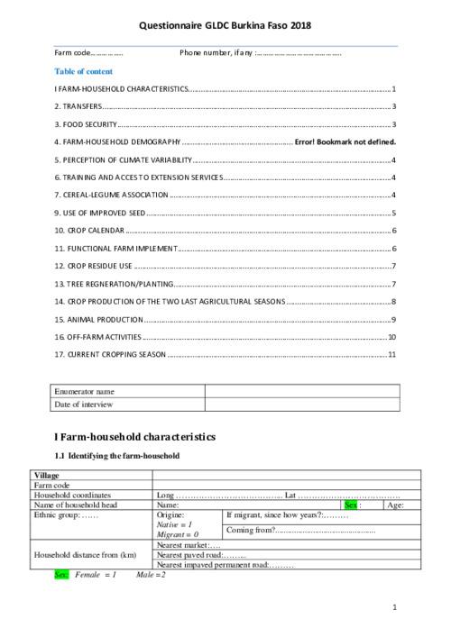 Survey Questionnaire for Gender-responsive Farm-household Typologies, Innovation Adoptions, Impacts of Legume-based Technological Interventions on Small Holder Production and Livelihood Performance in Millet-Sorghum-Cowpea Zones in south-western Burkina Faso