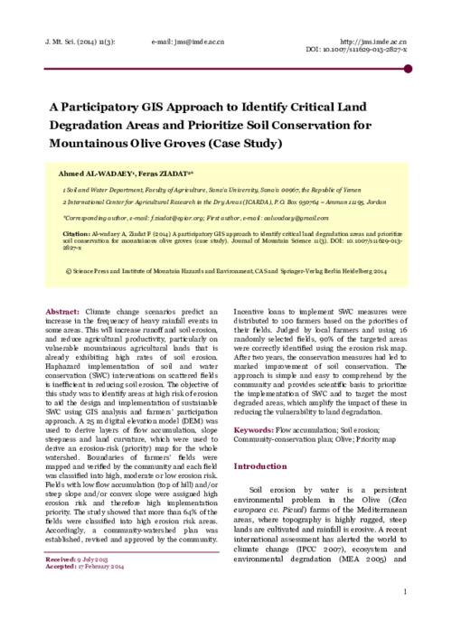A Participatory GIS Approach to Identify Critical Land Degradation Areas and Prioritize Soil Conservation for Mountainous Olive Groves (Case Study)