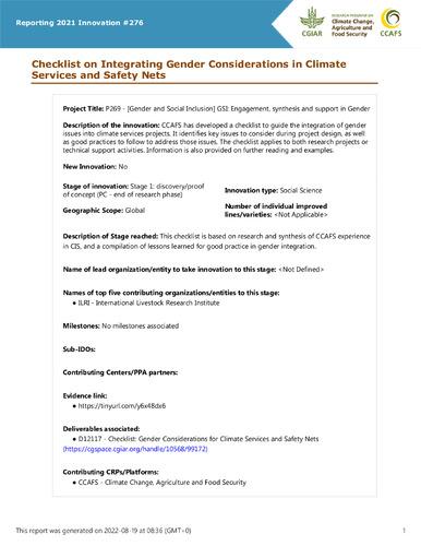 Checklist on Integrating Gender Considerations in Climate Services and Safety Nets