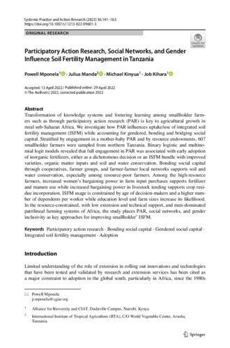 Participatory action research, social networks, and gender influence soil fertility management in Tanzania