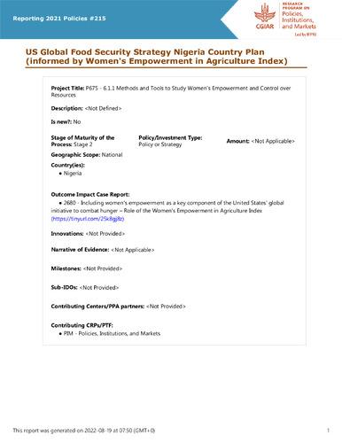 US Global Food Security Strategy Nigeria Country Plan (informed by Women's Empowerment in Agriculture Index)