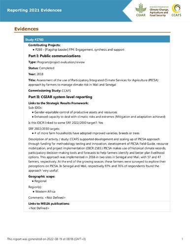Assessment of the use of Participatory Integrated Climate Services for Agriculture (PICSA) approach by farmers to manage climate risk in Mali and Senegal