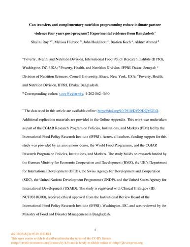 Can transfers and complementary nutrition programming reduce intimate partner violence four years post-program? Experimental evidence from Bangladesh