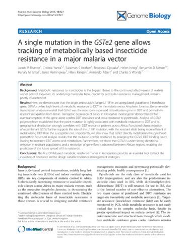 A single mutation in the GSTe2 gene allows tracking of metabolically based insecticide resistance in a major malaria vector