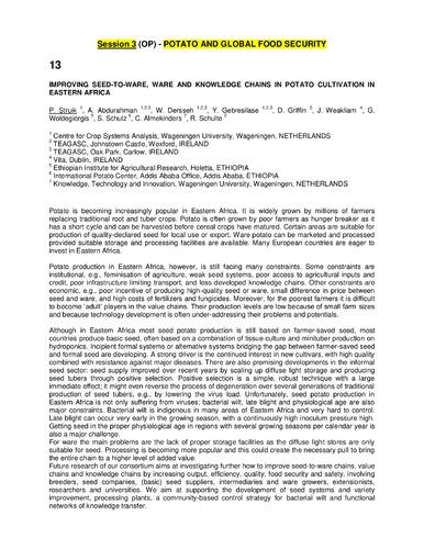 Improving seed-to-ware, ware and knowledge chains in potato cultivation in eastern Africa.