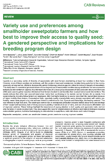 Variety use and preferences among smallholder sweetpotato farmers and how best to improve their access to quality seed: A gendered perspective and implications for breeding program design