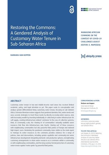 Restoring the commons: a gendered analysis of customary water tenure in Sub-Saharan Africa