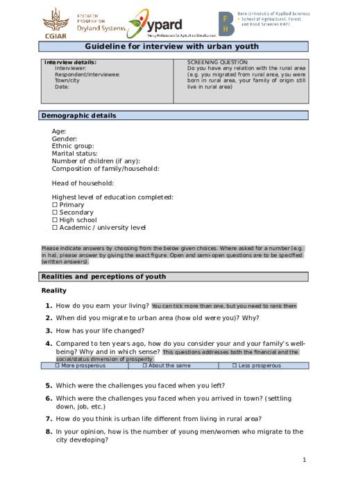 Research questions for urban based youth