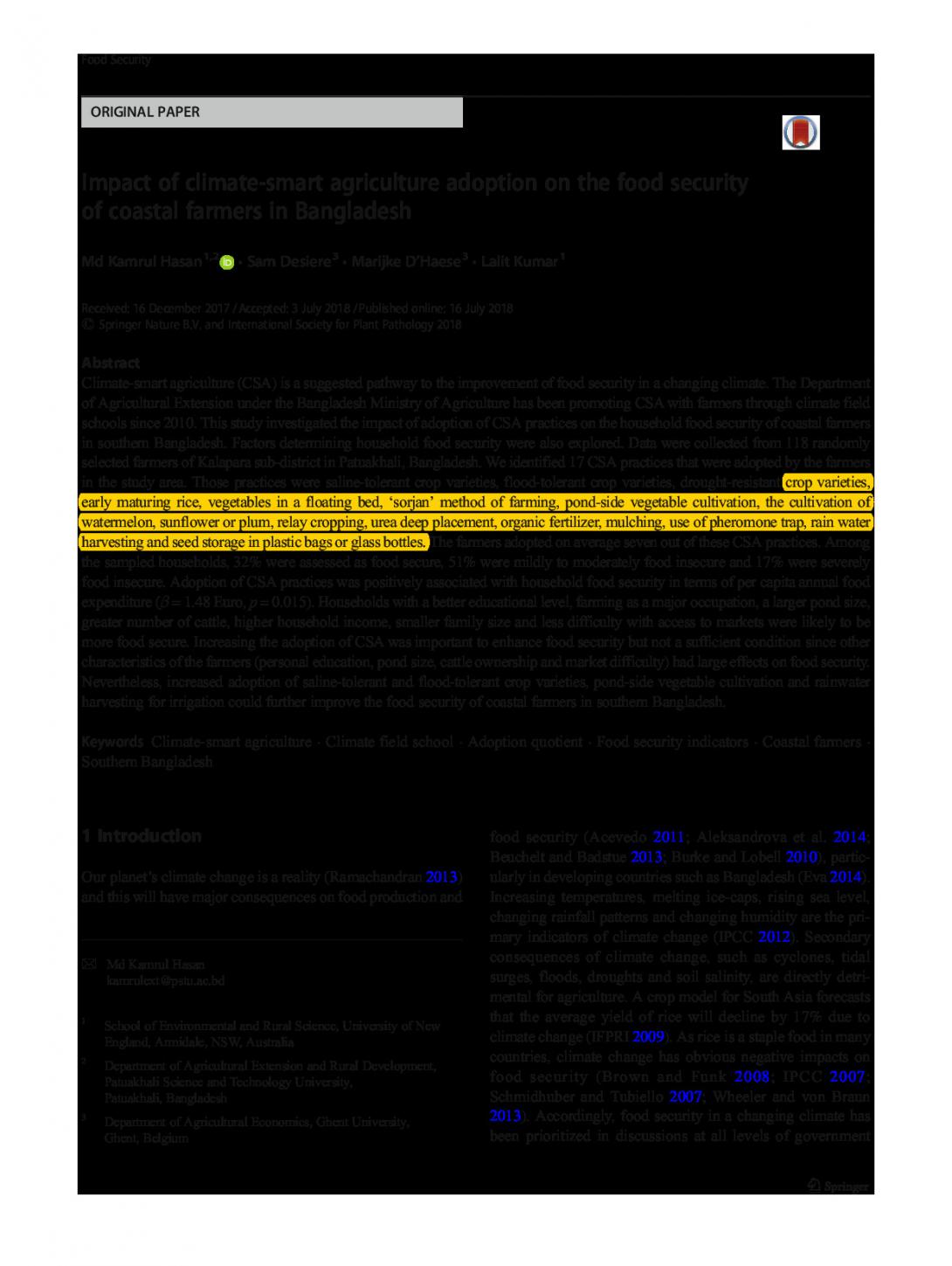 Impact of climate-smart agriculture adoption on the food security of coastal farmers in Bangladesh