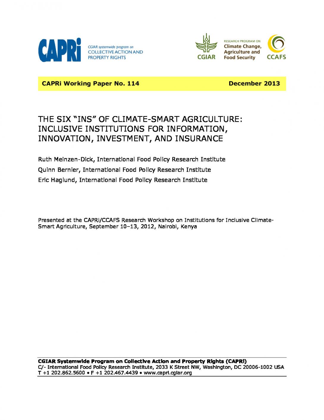 The Six "Ins" of Climate-Smart Agriculture Inclusive Institutions for Information, Innovation, Investment, and Insurance 