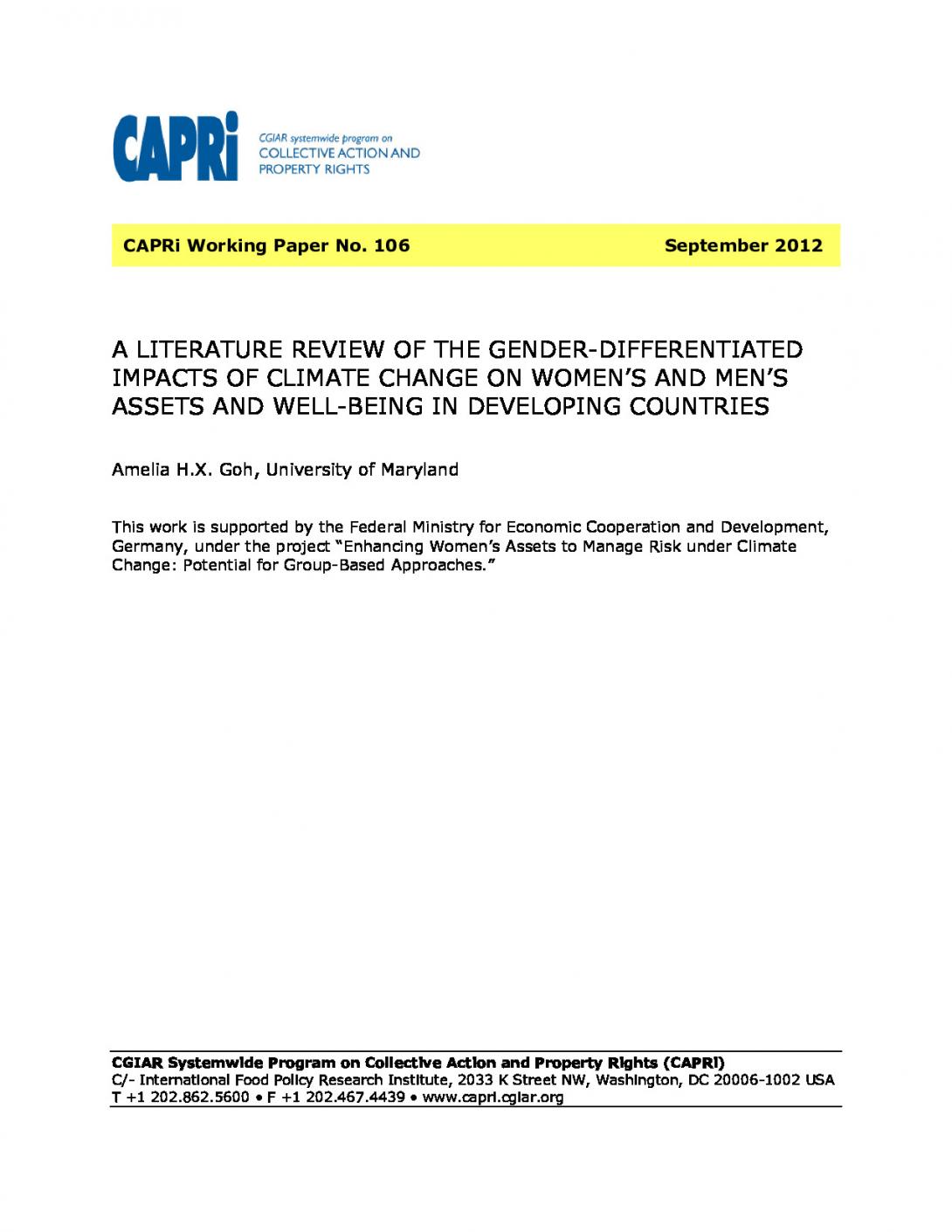 A literature review of the gender-differentiated impacts of climate change on women's and men's assets and well-being in developing countries