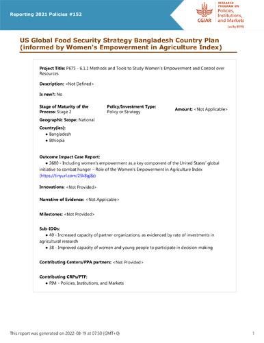 US Global Food Security Strategy Bangladesh Country Plan (informed by Women's Empowerment in Agriculture Index)