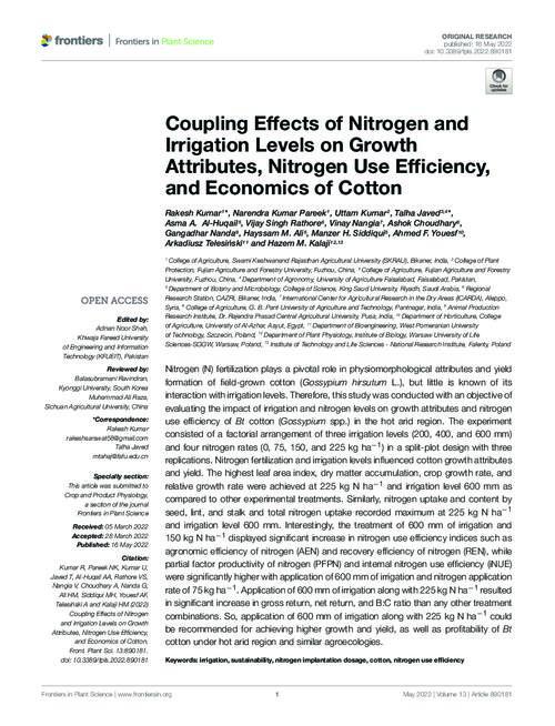 Coupling Effects of Nitrogen and Irrigation Levels on Growth Attributes, Nitrogen Use Efficiency, and Economics of Cotton