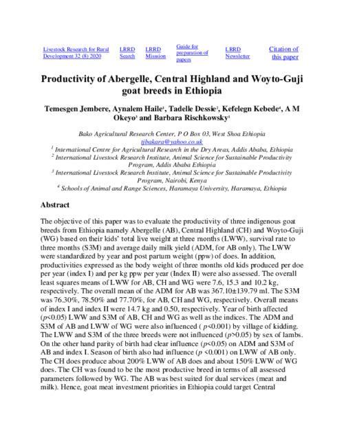 Productivity of Abergelle, Central Highland and Woyto-Guji goat breeds in Ethiopia