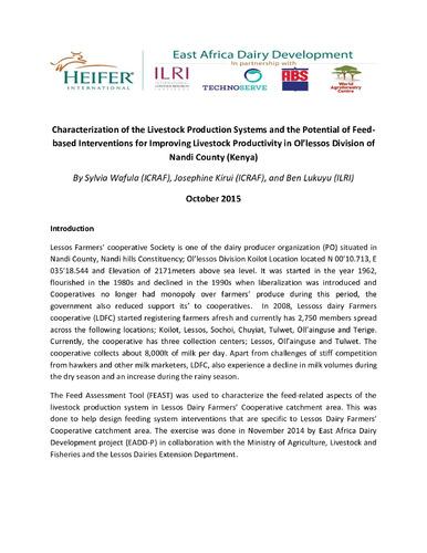 Characterization of the livestock production systems and the potential of feed-based interventions for improving livestock productivity in Ol’lessos Division of Nandi County (Kenya)