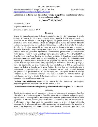 La innovación inclusiva para desarrollar ventajas competitivas en cadenas de valor de la papa en la zona andina