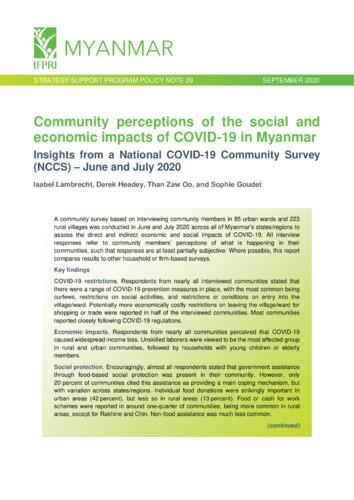 Community perceptions of the social and economic impacts of COVID-19 in Myanmar: Insights from a National COVID-19 Community Survey (NCCS) - June and July 2020
