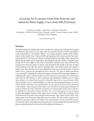 Assessing net economic gains from domestic and industrial water supply: cases from NRLP schemes