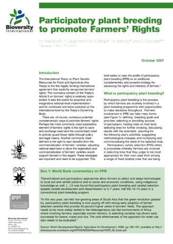 Participatory plant breeding to promote Farmers' Rights: October 2007