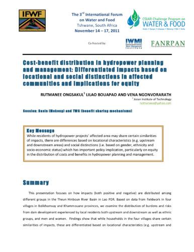 Cost-benefit distribution in hydropower planning and management: Differentiated impacts based on locational and social distinctions in affected communities and implications for equity