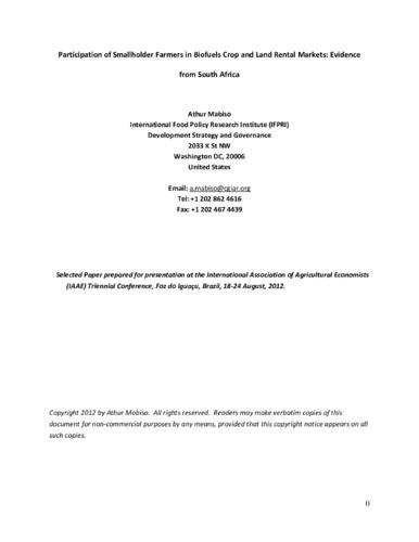 Participation of smallholder farmers in biofuels crop and land rental markets: Evidence from South Africa
