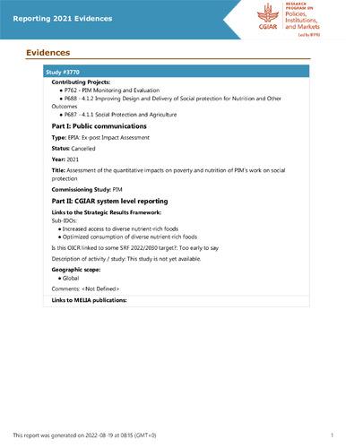 Assessment of the quantitative impacts on poverty and nutrition of PIM's work on social protection