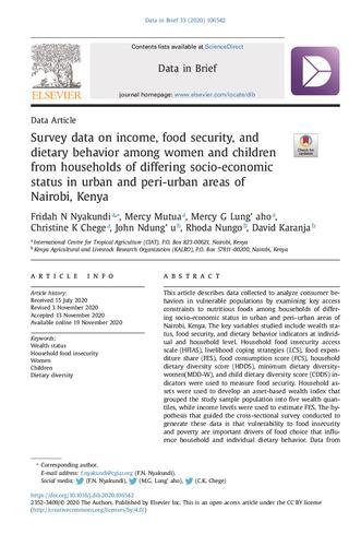 Survey data on income, food security, and dietary behavior among women and children from households of differing socio-economic status in urban and peri-urban areas of Nairobi, Kenya