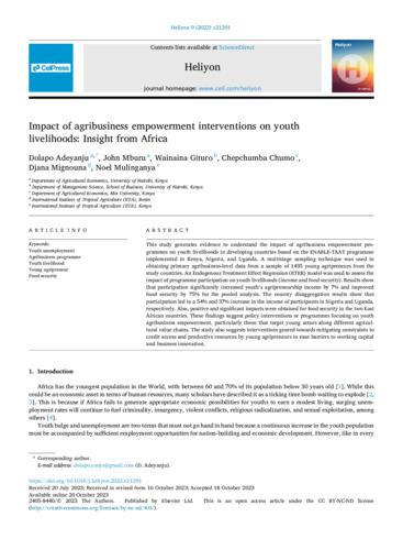 Impact of agribusiness empowerment interventions on youth livelihoods: insight from Africa